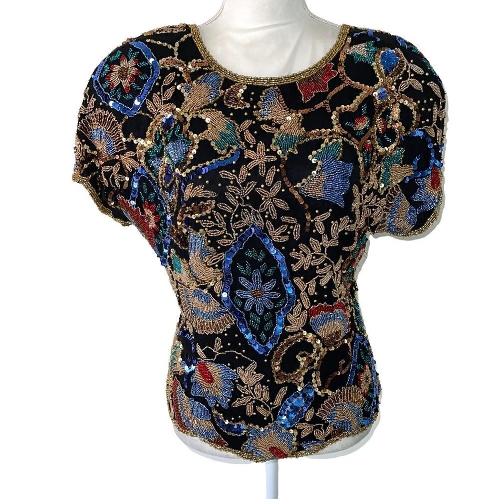 Black Tie I. Magnin Womens Blouse Black Size Medium M Vintage Beaded Zipper Back